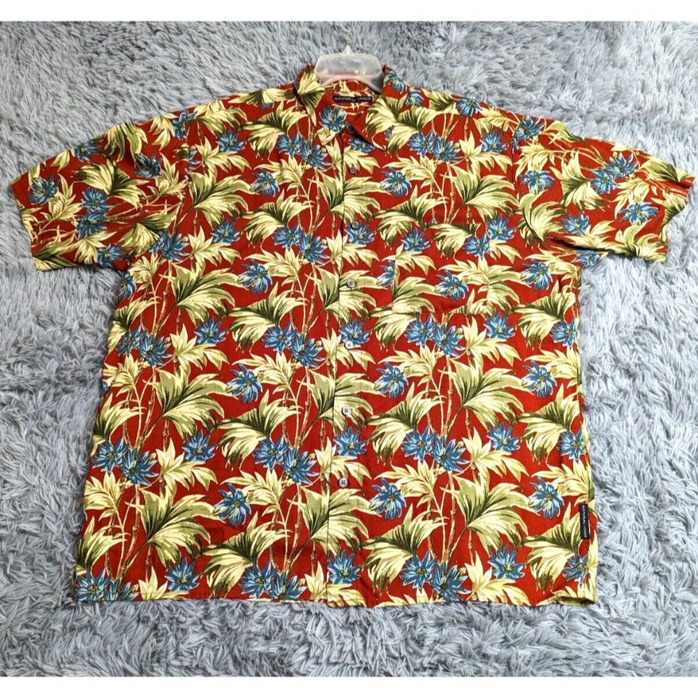 Vintage Natural Issue Hawaiian Shirt Mens Size XL XLarge Red Floral‎ Rayon 1990s